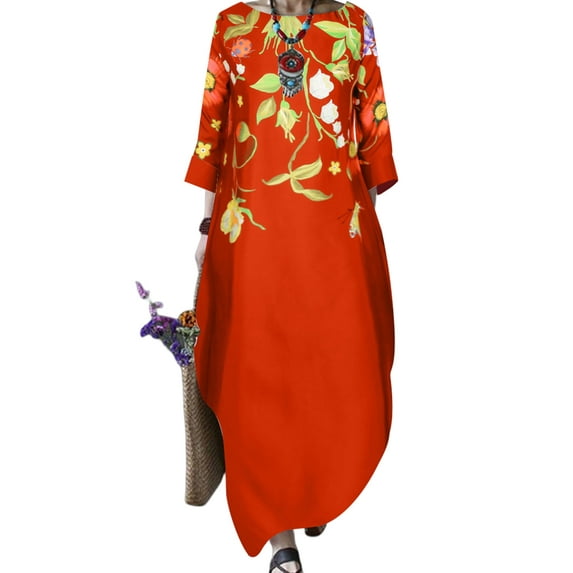 FASHIONWT Casual Loose Floral Print 3/4 Sleeve Straight Fit Midi Women Dress
