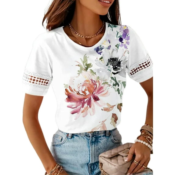 FASHIONWT Casual Pullover Short Sleeve Floral Print Women Crewneck T-Shirts
