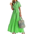 thumbnail image 1 of FASHIONWT Classic Stripe Belted Short Sleeve Swing Midi Women Shirt Dress, 1 of 3