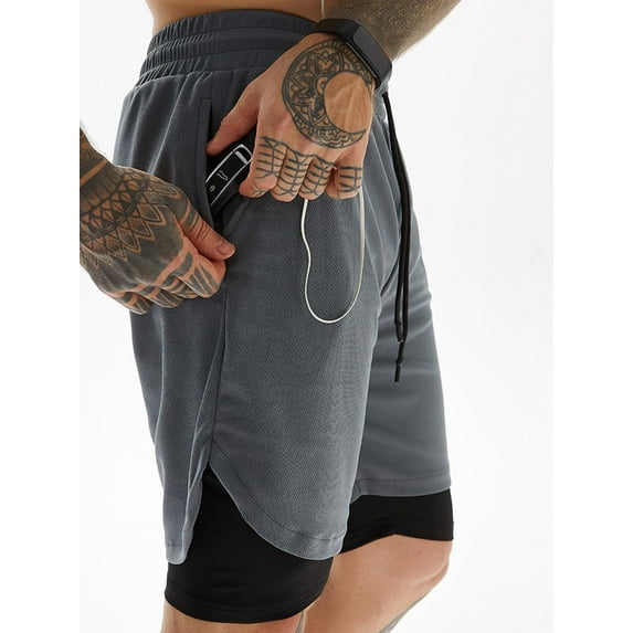 FASHIONWT Men Casual Athletic Shorts Quick-drying Shorts Spliced Pant Fake Two-piece Set Leggings Sports Leggings