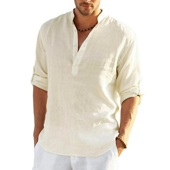 FASHIONWT Men Casual Cotton Linen Undershirts Workwear 3/4 Sleeve Henley Button Shirts
