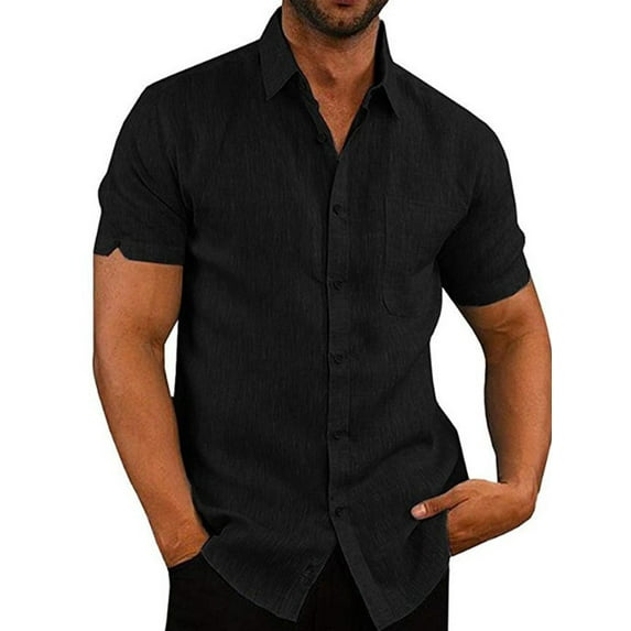 FASHIONWT Men Short Sleeve Causal Top Business Button Blouse Lapel Cotton And Linen Shirts