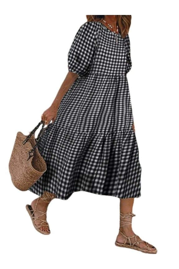 Retro Style Baggy Loose Summer Bell Sleeve Maxi Gingham T-Shirt Dress Women