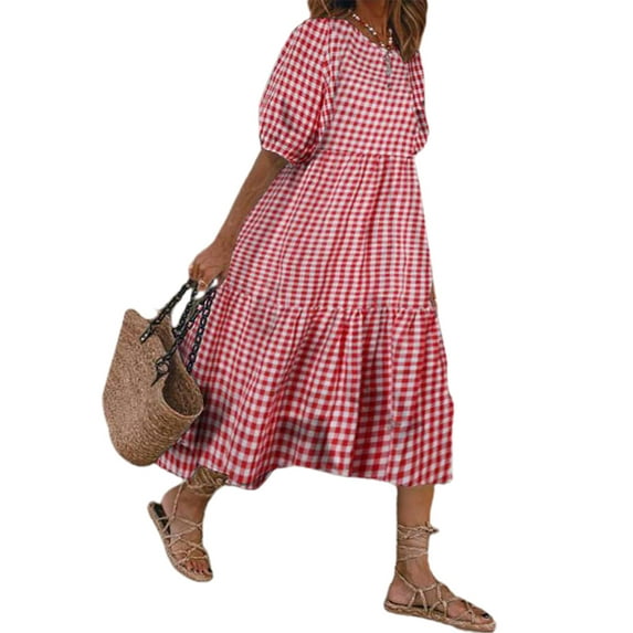 FASHIONWT Retro Style Baggy Loose Summer Bell Sleeve Maxi Gingham T-Shirt Dress Women