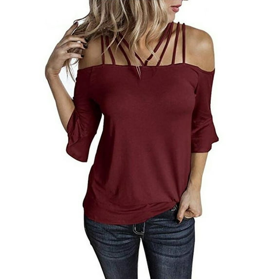 FASHIONWT Sexy Street Style One Shoulder Strap Trumpet Sleeve Solid Color T-Shirt For Women