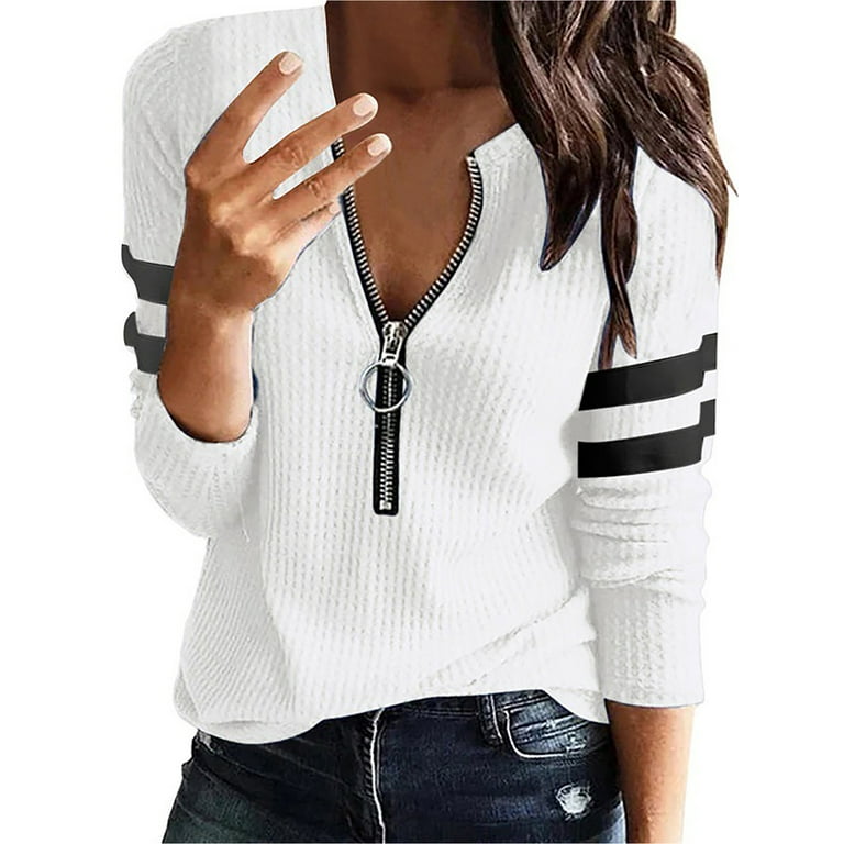 FASHIONWT Women 1/2 Zip Collar Tops Striped Print C-Neck