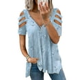 thumbnail image 1 of FASHIONWT Women 1/2 Zip V-Neck Retro Graphic Striped Cut-out Sleeve Summer T-shirt, 1 of 2