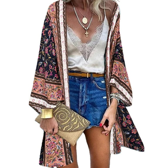 FASHIONWT Women Casual Boho Print Front Open Mid-Length Cape Long Sleeve Cardigan Cover-Up Tops