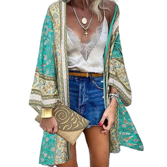 FASHIONWT Women Casual Boho Print Front Open Mid-Length Cape Long Sleeve Cardigan Cover-Up Tops
