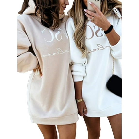 FASHIONWT Women Casual Fleece Hoodie Pullover Letter Print Mini Sweatshirt Dress