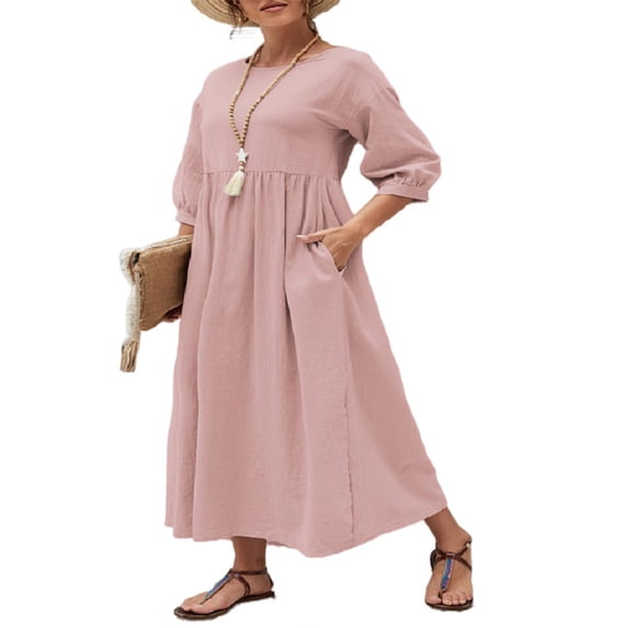 FASHIONWT Women Casual Summer Midi Cotton Linen T-Shirt Dress