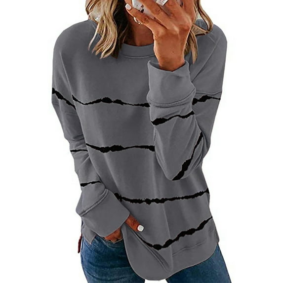 FASHIONWT Women Classic Striped Round Neck Loose Long-Sleeved T-Shirt Top