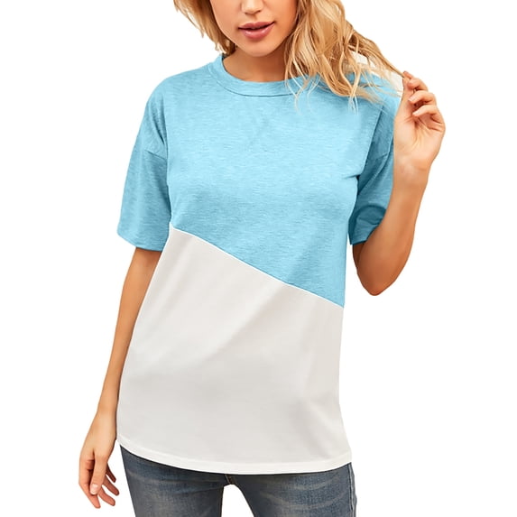 FASHIONWT Women Color Contrast Round Neck Short Sleeve Sporty Cotton T-Shirts