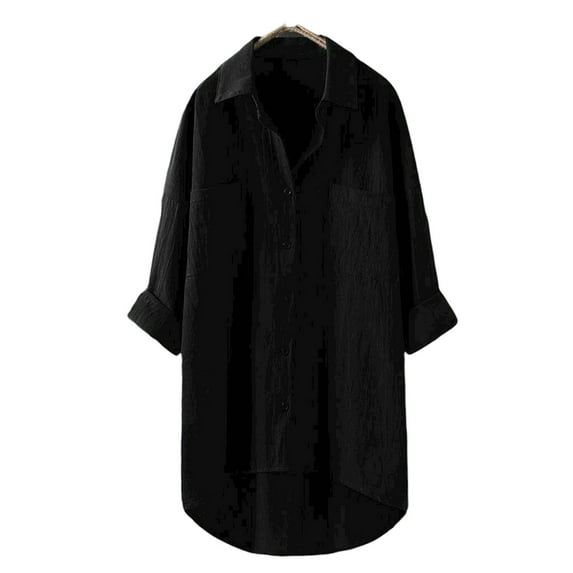 FASHIONWT Women Cotton Linen Summer Solid Button Pocket Casual Turn-down Collar Blouse