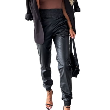 Simple Solid Color Tethered Waist Leggings Slim Leather Pants Women