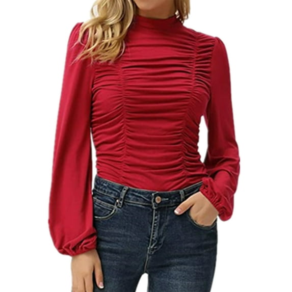 FASHIONWT Women Elegant Court Lantern Sleeve Turtleneck Shirring Slimming Tunic Blouse