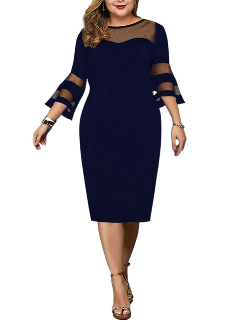 FASHIONWT Women Elegant Plus Size Mesh Splicing Knee Length Dress -  Walmart.com