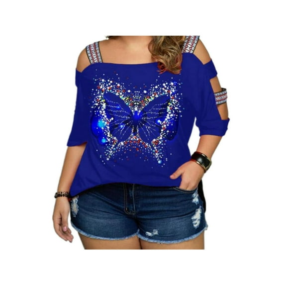FASHIONWT Women Elegant Printed Crewneck Short Sleeve Summer Plus Size T-Shirts