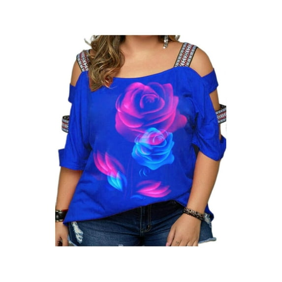 FASHIONWT Women Elegant Printed Crewneck Short Sleeve Summer Plus Size T-Shirts