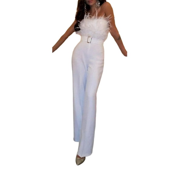 FASHIONWT Women Feather Tube Top Strapless Sexy Fashion Jumpsuit