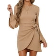 thumbnail image 1 of FASHIONWT Women Flared Sleeve Sheath Bow Peplum Skirts Ruched Mini Dress, 1 of 4