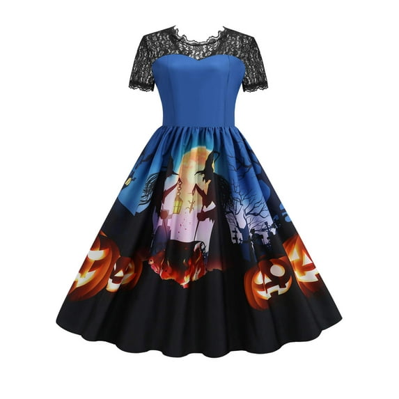 FASHIONWT Women Halloween Lace Stitching Short Sleeve Slim Zipper Back Vintage Royal Court Bandage Dress