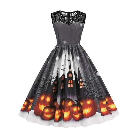 FASHIONWT Women Halloween Splicing Lace Vintage Sleeveless Flowy Dress