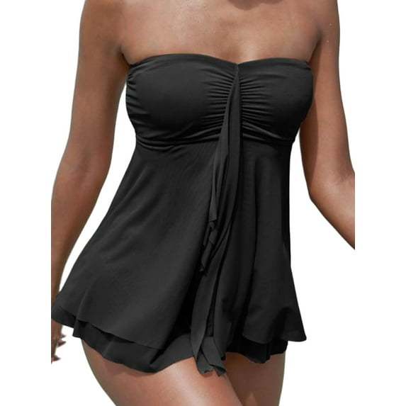 FASHIONWT Women Halter Neck Strap Mesh Stitching Tankini 2-Piece Set