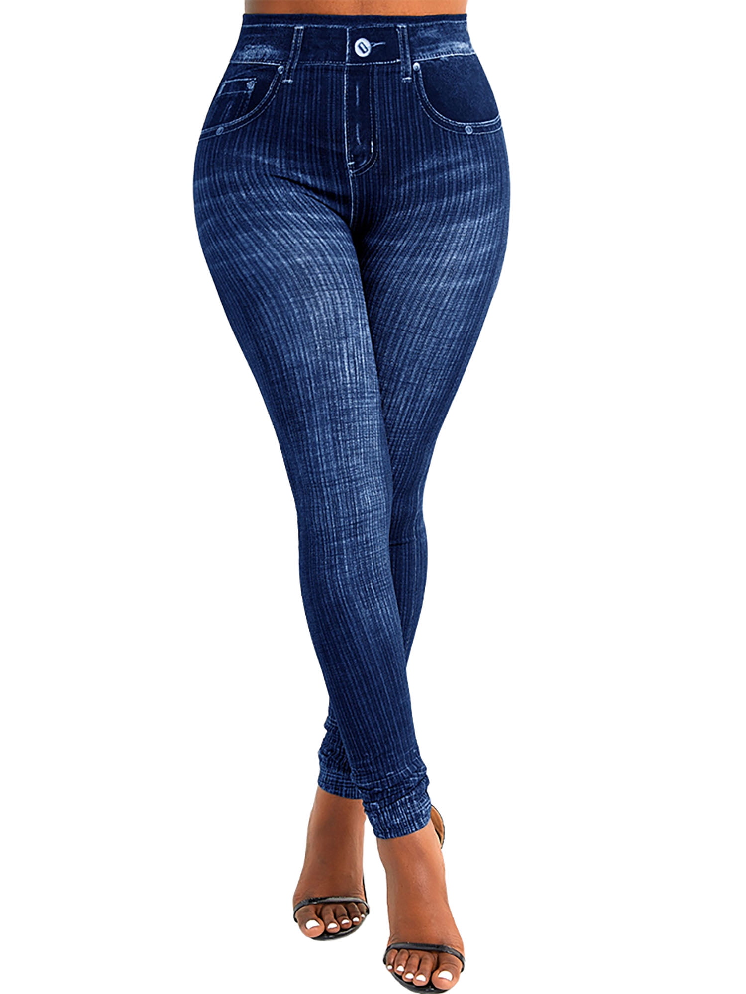 FASHIONWT Women High-Rise Faux Denim Jeans Skinny Stretchy Leggings  Jeggings 
