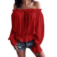 thumbnail image 1 of FASHIONWT Women Long Sleeve Slash Neck Top Ruffle Elastic-Cuff Blouse, 1 of 4