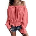 thumbnail image 1 of FASHIONWT Women Long Sleeve Slash Neck Top Ruffle Elastic-Cuff Blouse, 1 of 4