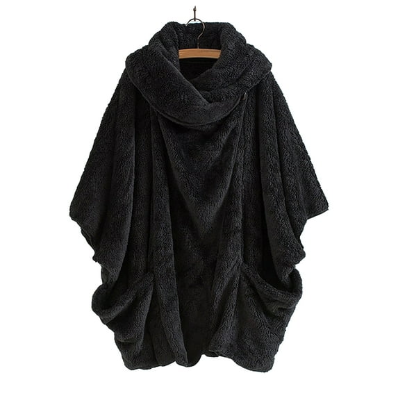 FASHIONWT Women Mid-Length Long Sleeve Shaggy Coat Wearable Blanket Hoodie Overcoat