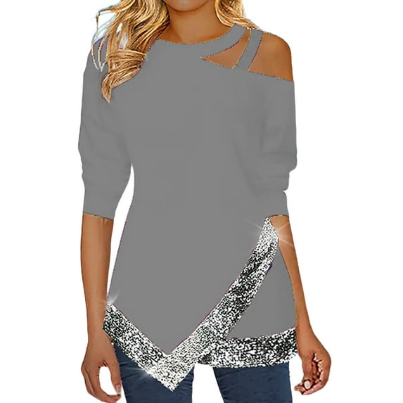 FASHIONWT Women Off Shoulder Irregular Sequins Long Sleeve Casual T-Shirts Top
