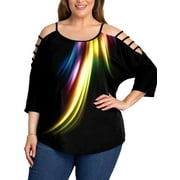 FASHIONWT Women Plus Size 3/4 Sleeve Tops Loose Aurora Gradient Print T-Shirt