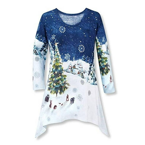 FASHIONWT Women Plus Size Christmas Print Sweatshirt Irregular Hem Long Sleeve Scoop Neck Stretchy Tops