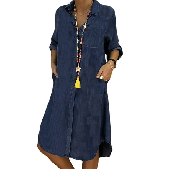 FASHIONWT Women Plus Size Denim Dress Solid Color Shirt Dress Casual Pocket Skirt