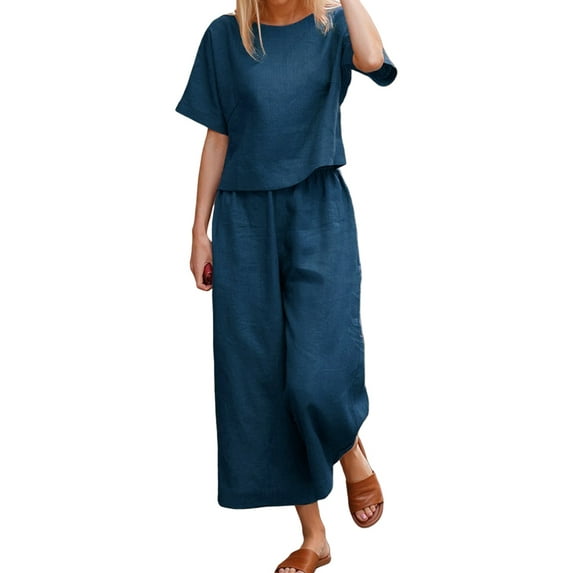 FASHIONWT Women Plus Size Elegant Casual Short Sleeve Top Cropped Pants Set
