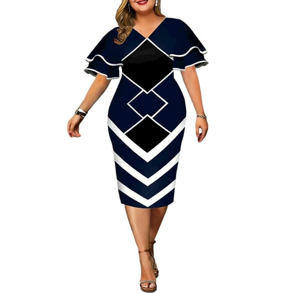 FASHIONWT Women Plus Size Elegant Print Bridesmaid Midi Evening Party Formal Dress