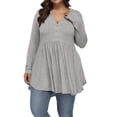 thumbnail image 1 of FASHIONWT Women Plus Size Long Sleeve V-Neck Pleated Flowvy Henley T-Shirt, 1 of 4