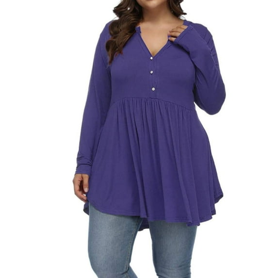 FASHIONWT Women Plus Size Long Sleeve V-Neck Pleated Flowvy Henley T-Shirt