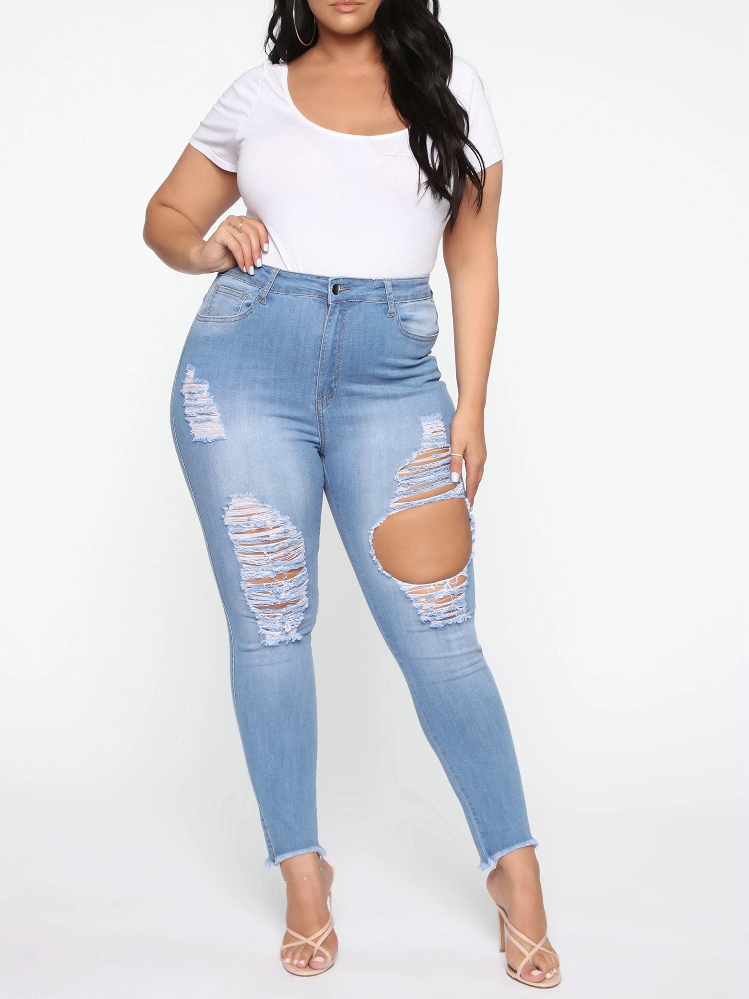 FASHIONWT Women Plus Size Mid Rise Skinny Jeans Classic Ripped Burr Denim  Pants - Walmart.com