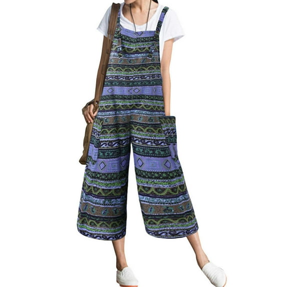 FASHIONWT Women Plus Size Printing Suspenders One-Piece Overalls Calf-Length Pants Square Neck Sleeveless Overalls