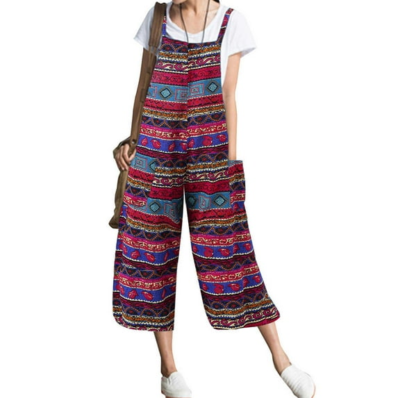 FASHIONWT Women Plus Size Printing Suspenders One-Piece Overalls Calf-Length Pants Square Neck Sleeveless Overalls