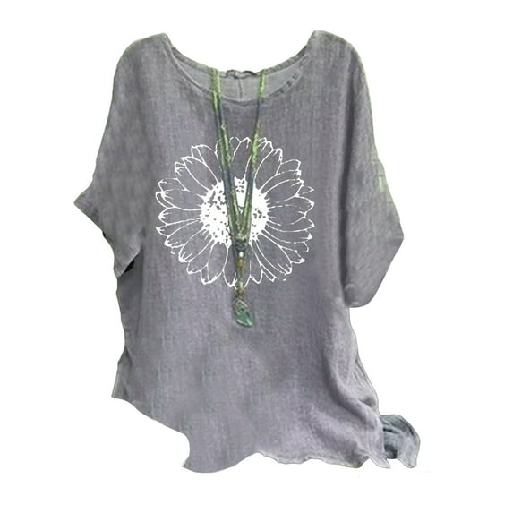 FASHIONWT Women Plus Size Pullover Oversized Crew Neck Short Sleeve Grey Printed T-Shirt