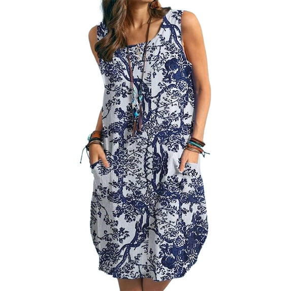FASHIONWT Women Plus Size Sexy Sleeveless Round Neck Fashion Casual Floral Tank Knee Length Dress