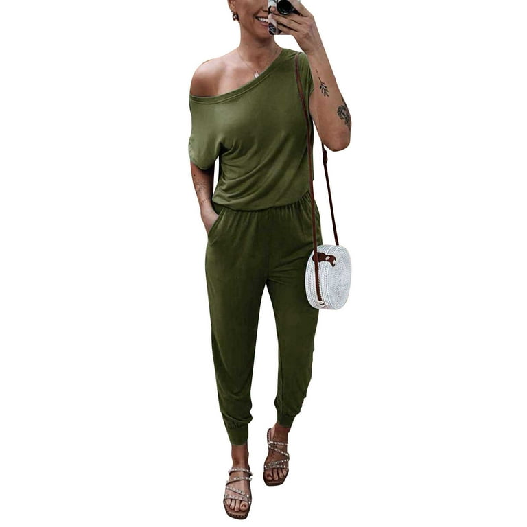 FASHIONWT Women Plus Size Solid Color Elastic Waist Casual Jumpsuit Short Sleeve Jumpsuit Ankle Length Pants Casual Jersey Jumpsuit