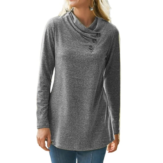 FASHIONWT Women Plus Size Solid Color Pile Collar Button Long Sleeve T-Shirt