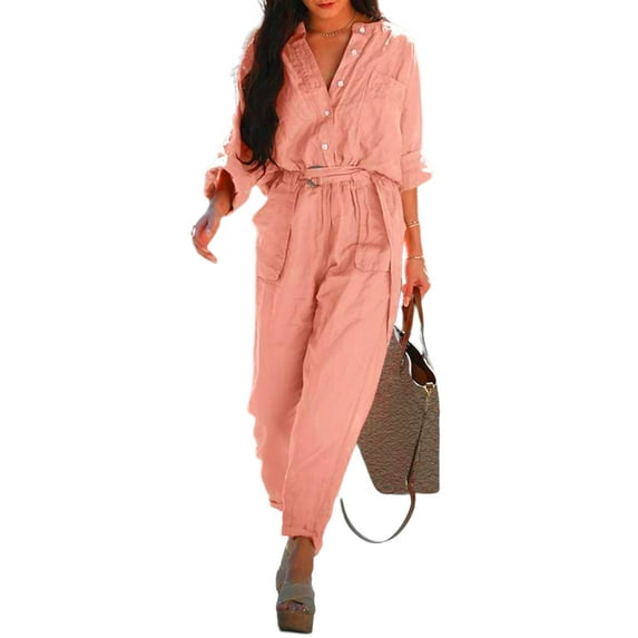 FASHIONWT Women Plus Size Solid Color Pocket Jumpsuit Elastic Waist Jumpsuit Belt Jumpsuit Long Sleeve Linen Jumpsuit Cropped Ankle-Length Pants Jumpsuit