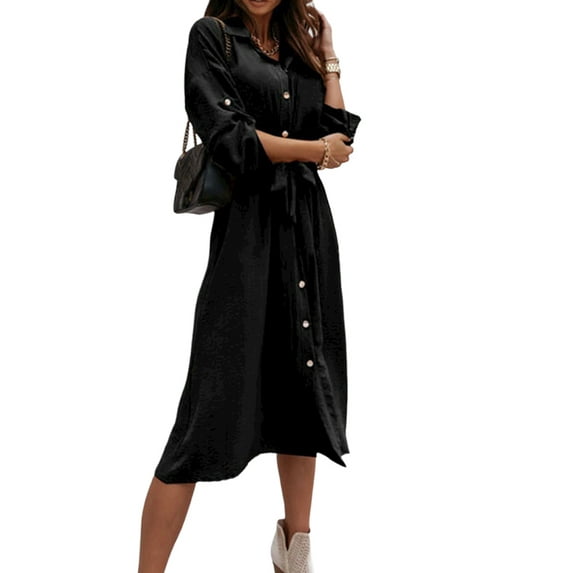 FASHIONWT Women Plus Size Solid Long Sleeve V-Neck Button Tie Waist Midi Dress Shirt Dress