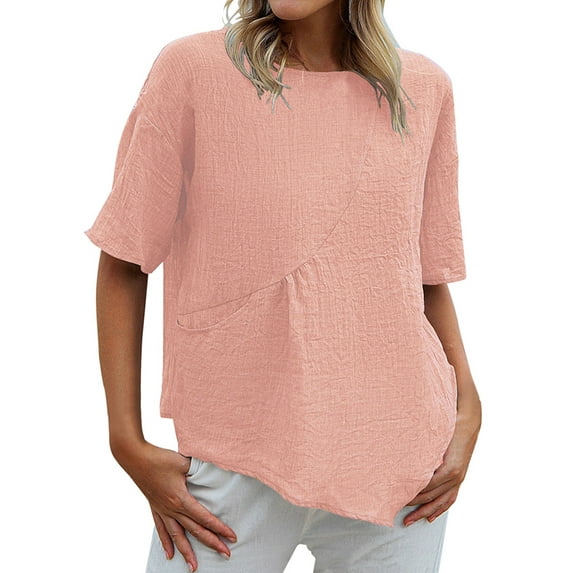 FASHIONWT Women Plus Size Solid Round Neck Short Sleeve Shirring Pockets Blouse Loose Top